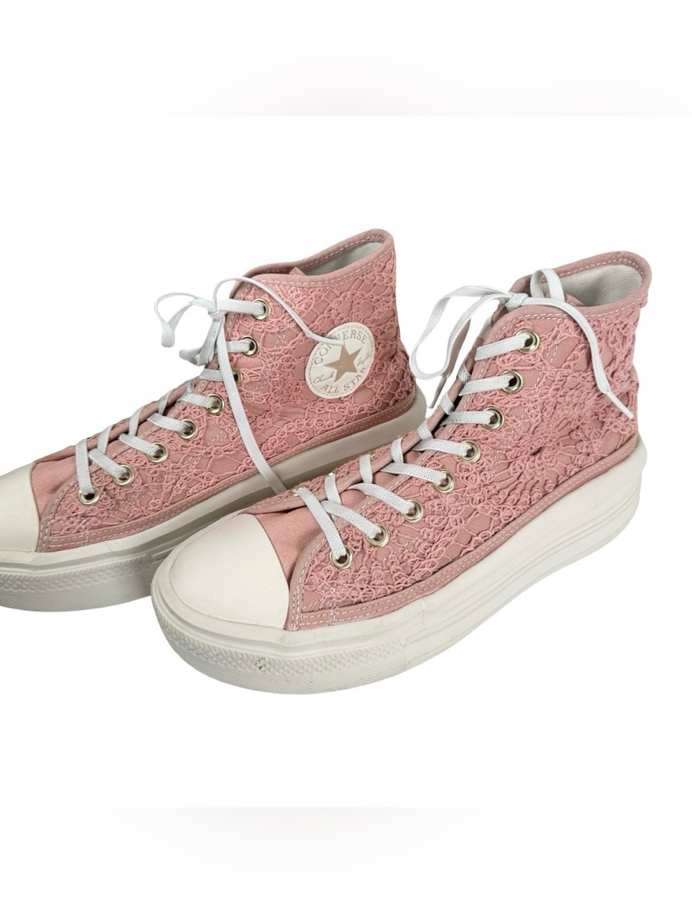Converse Chuck Taylor All Star Move Platform Pink Daisy Crochet High Top Shoes 9 - Picture 3 of 6